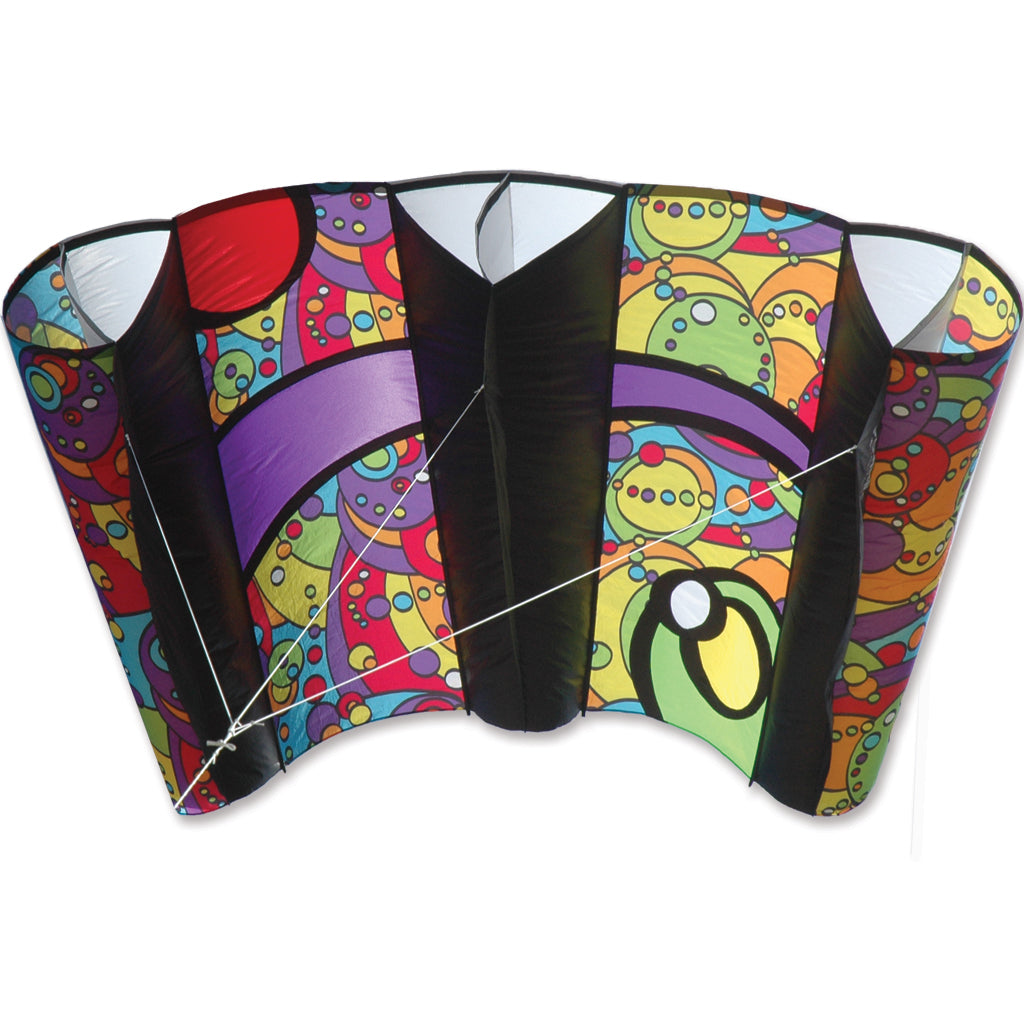 Colorful sled kite with abstract patterns on a white background