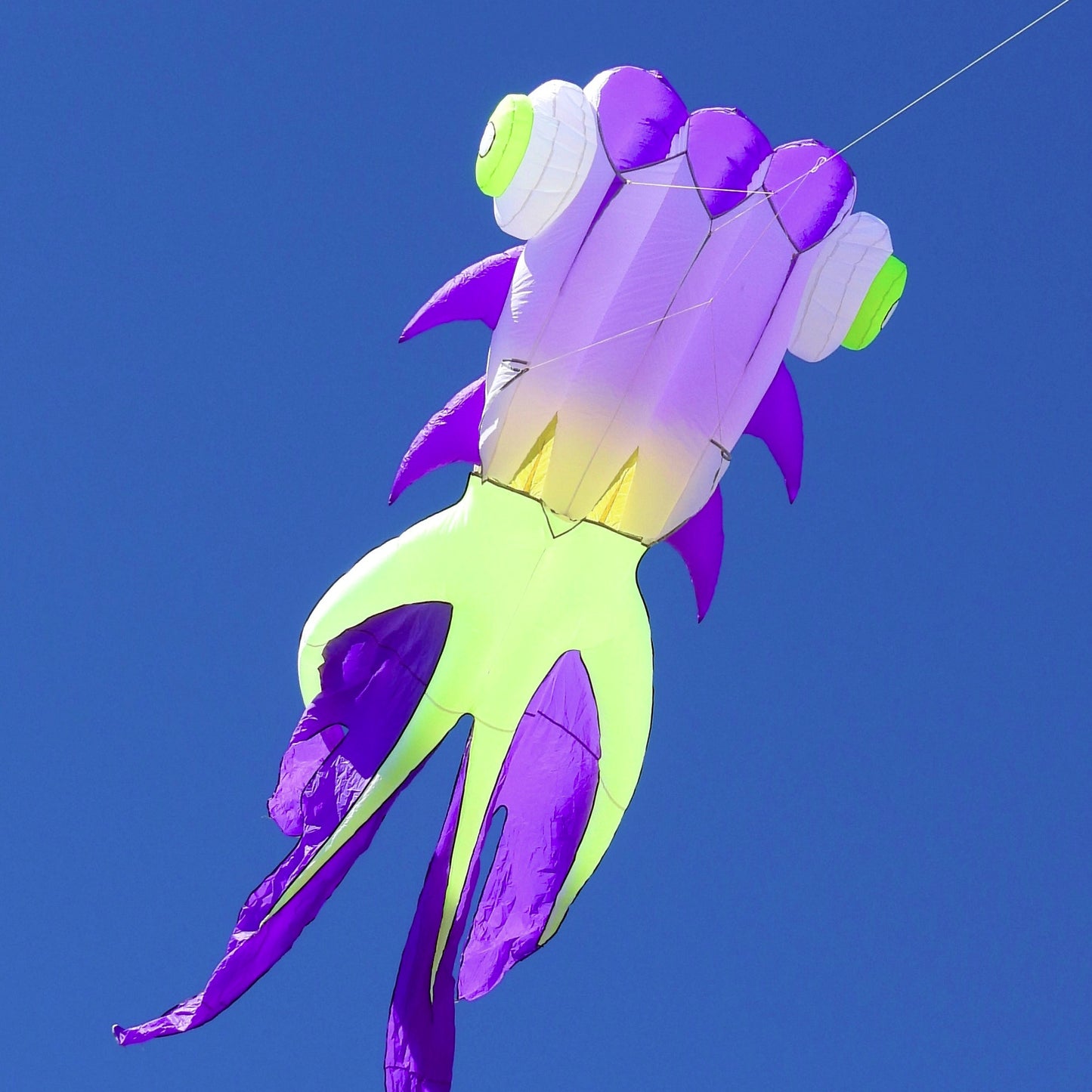 Fish-shaped kite with purple and green colors against a clear blue sky