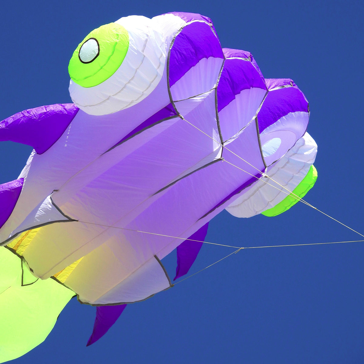 Colorful kite shaped like a fish against a clear blue sky