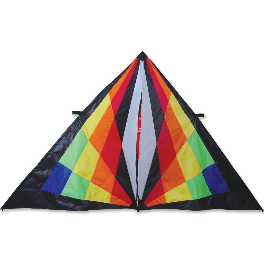 Colorful delta-shaped kite with a rainbow pattern on a white background