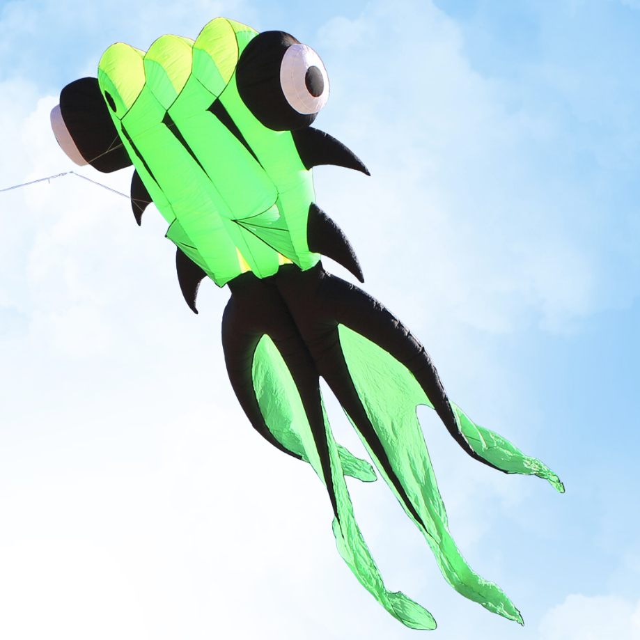 A green and black goldfish-shaped kite flying against a blue sky with white clouds.