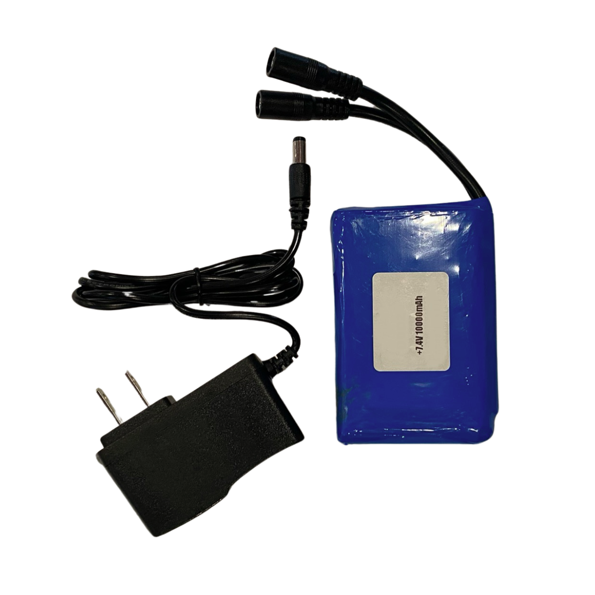 Blue electronic device with cables and power adapter on a white background