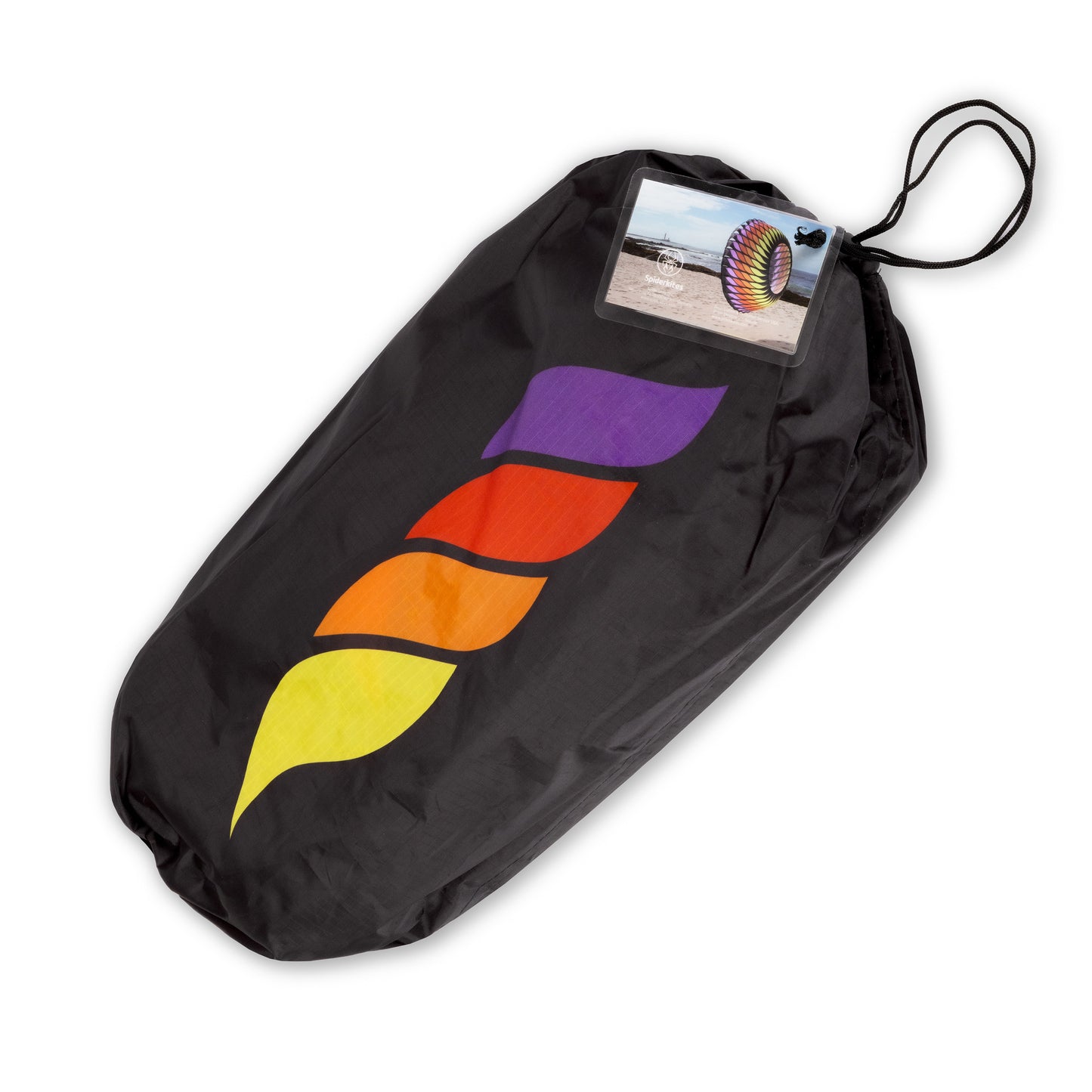 Black drawstring bag with red and orange logo on a white background