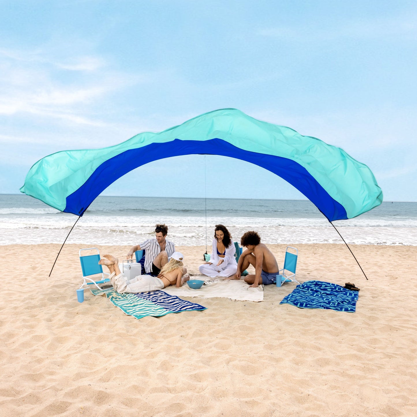 Classic Shibumi Shade® with Quiet™ Canopy + Wind Assist Bundle - Blue and Teal