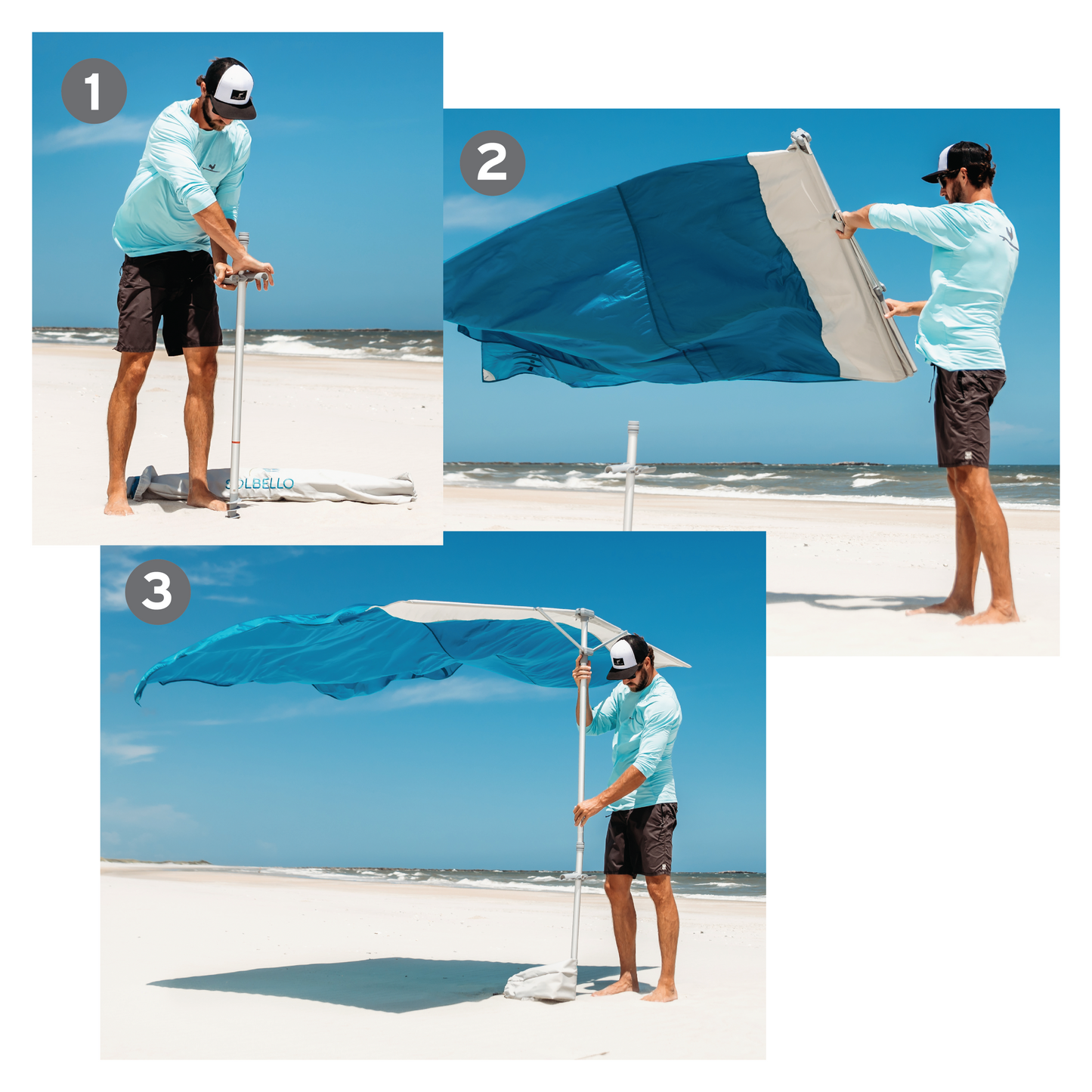 Step-by-step process of setting up a Solbello Shade on a sandy beach with ocean view.