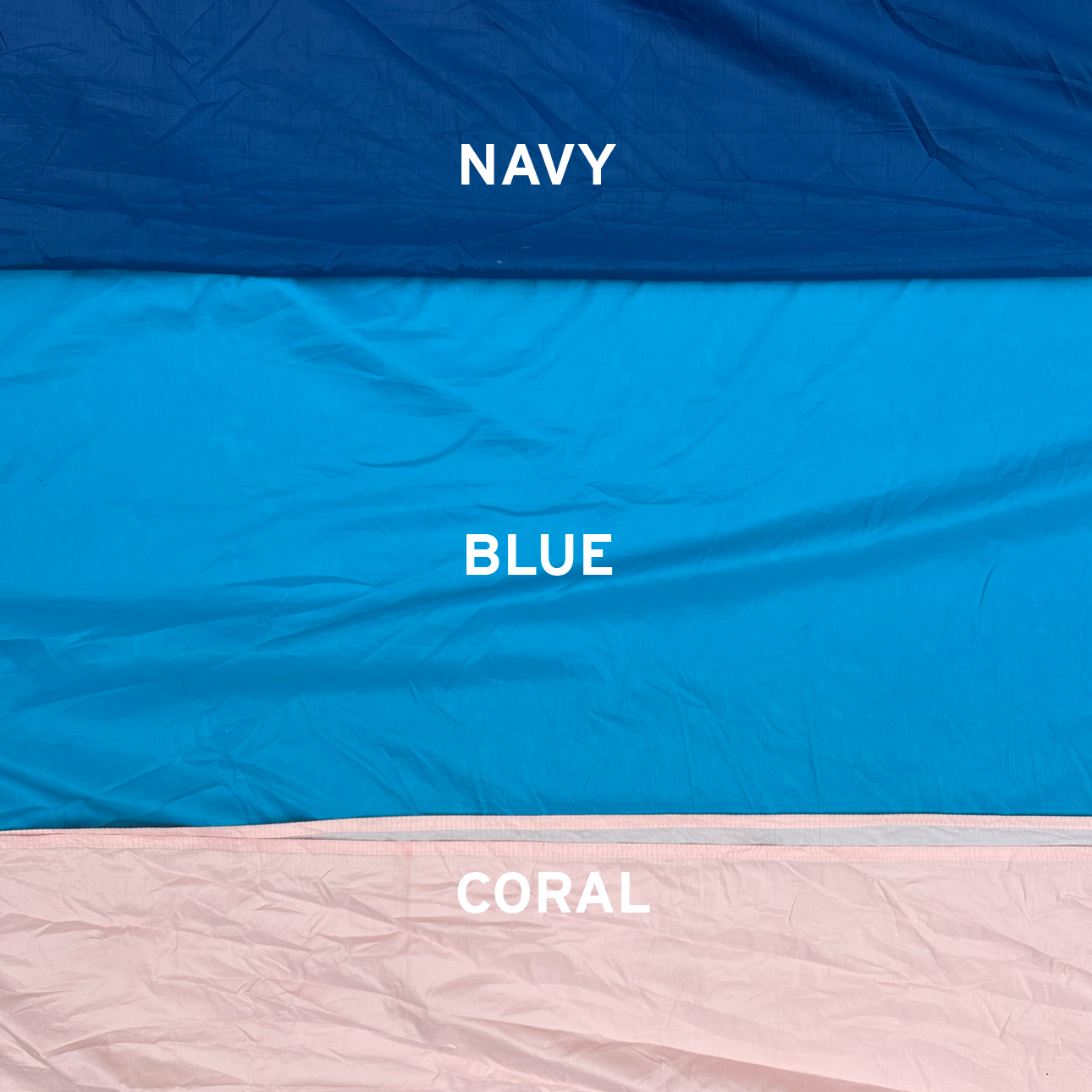 Three fabric swatches labeled 'Navy', 'Blue', and 'Coral' arranged vertically.