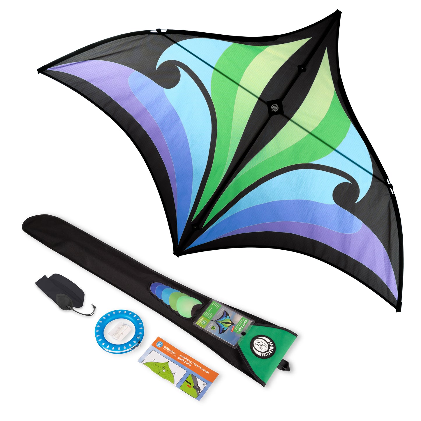 Colorful kite with accessories on a white background