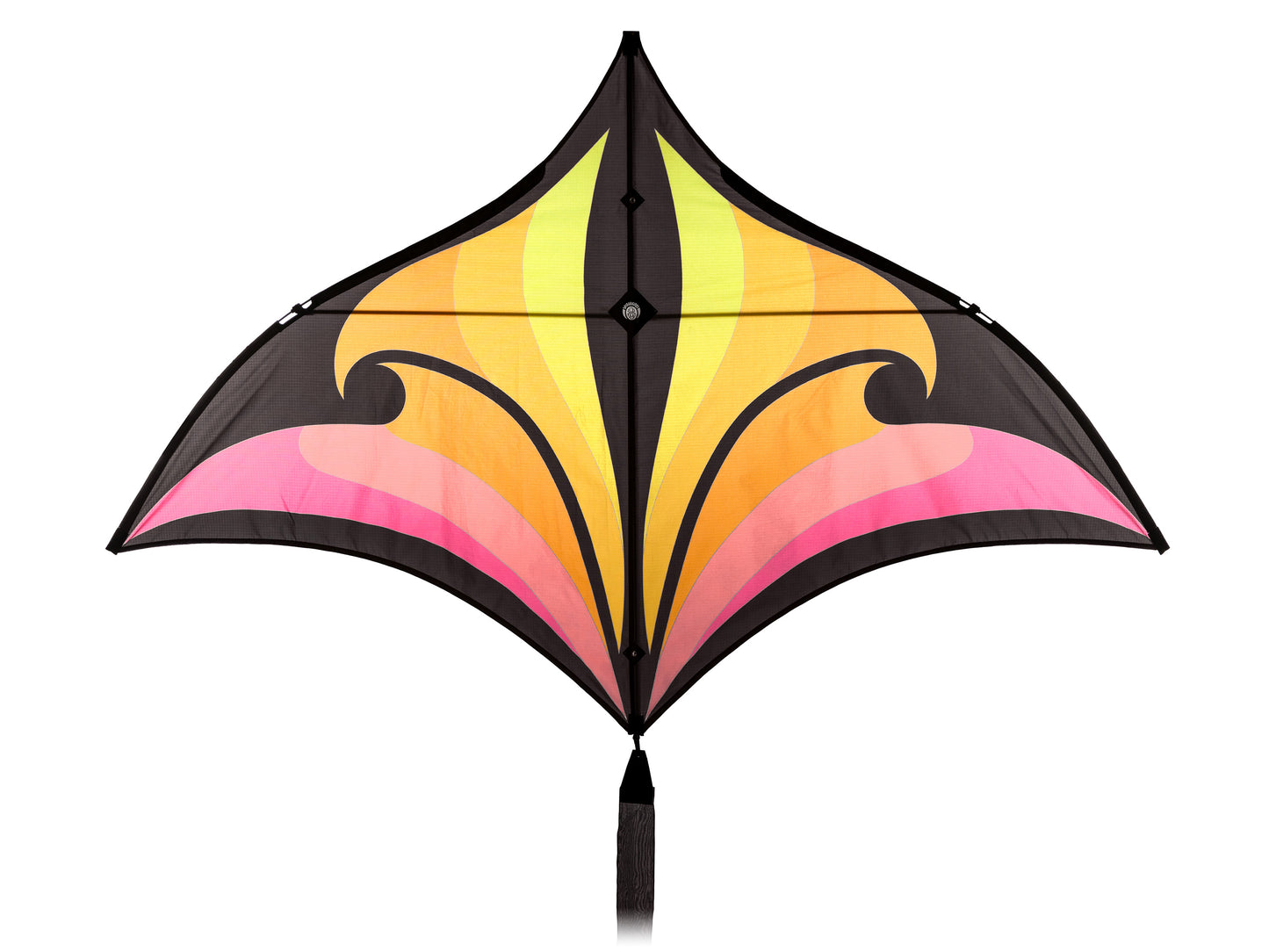 Colorful swift kite with pink, yellow, and black design on a white background
