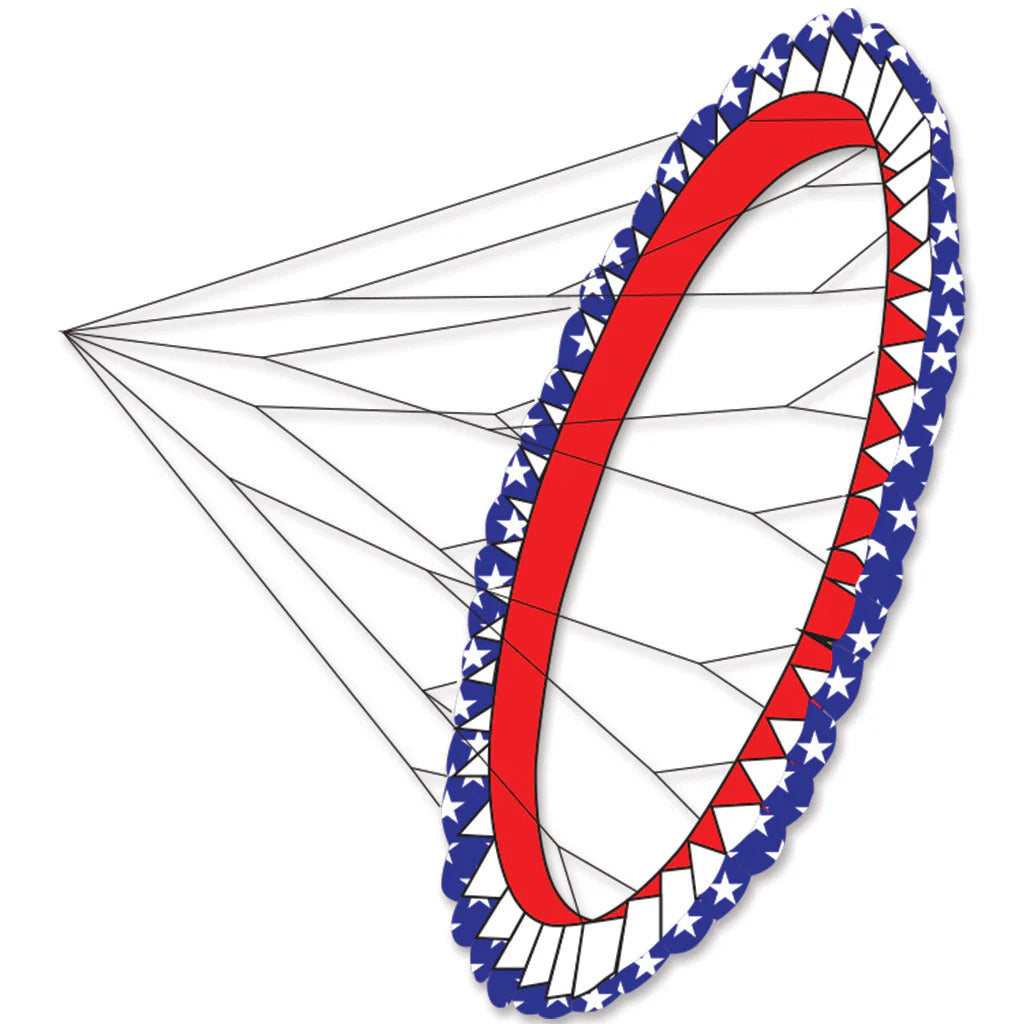 Wheel shaped kite with red, white, and blue design on a white background