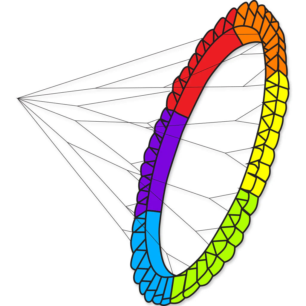 Colorful wheel design with a rainbow pattern on a white background