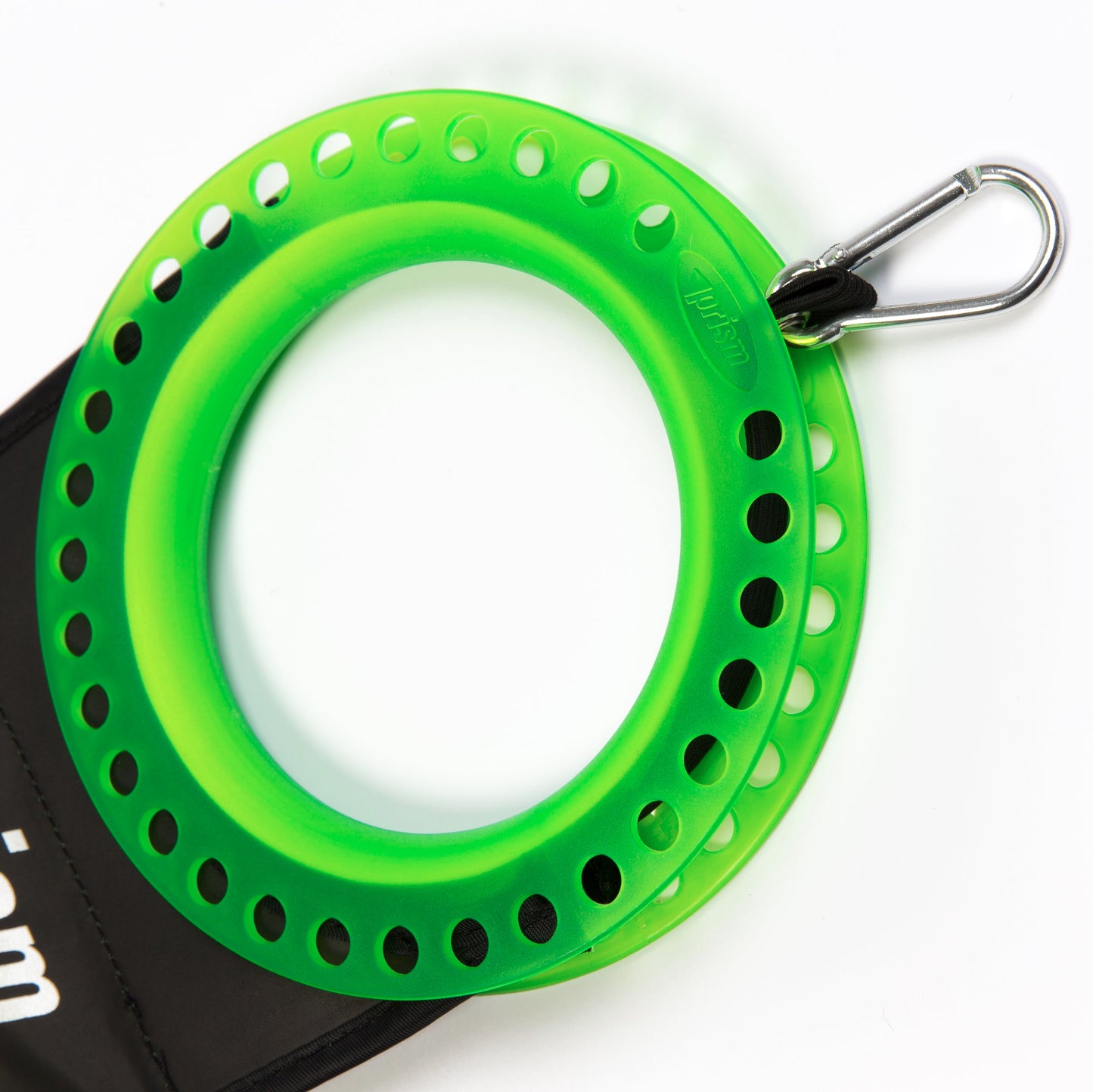 Green yo yo with carabiner on a white background, featuring the Prism brand.