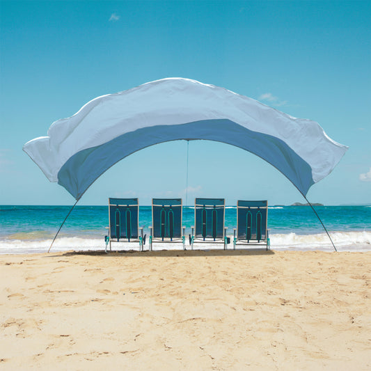 Beach shade on a sandy beach with ocean and clear blue sky in the background