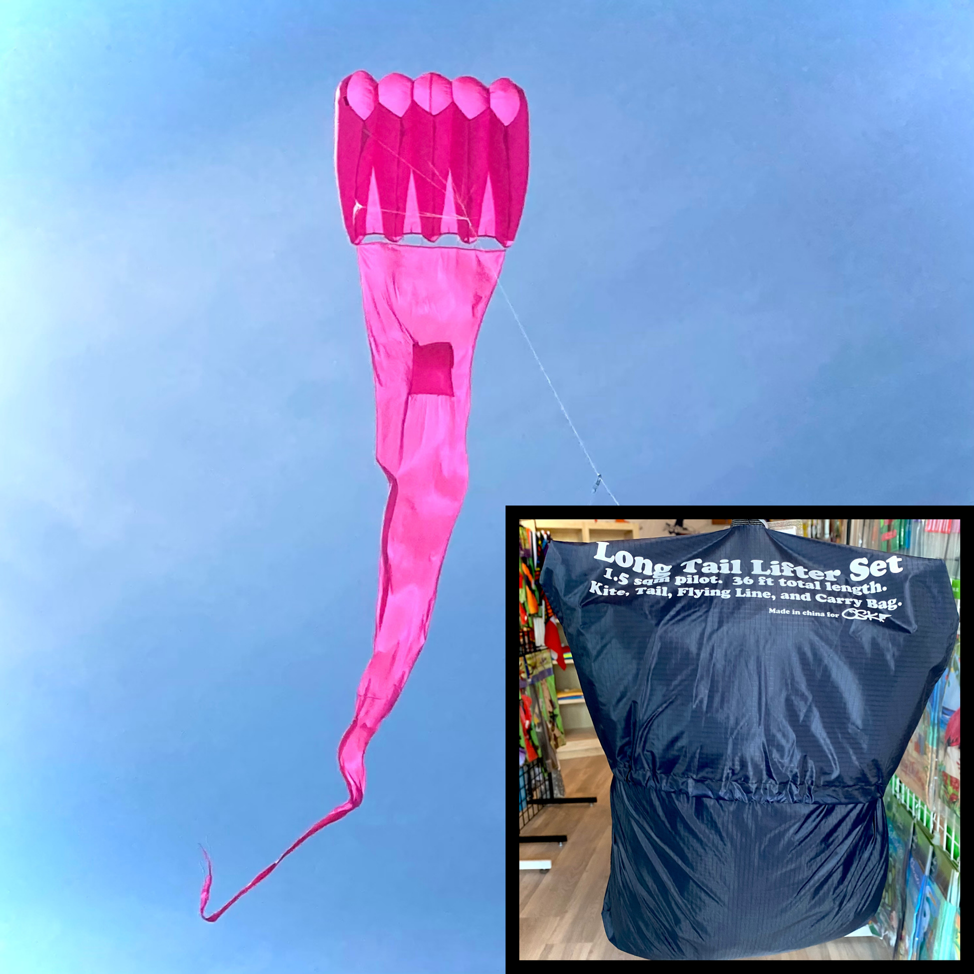 Pink kite with long tail against a blue sky, inset showing a black bag labeled 'Long Tail Litter Set'.