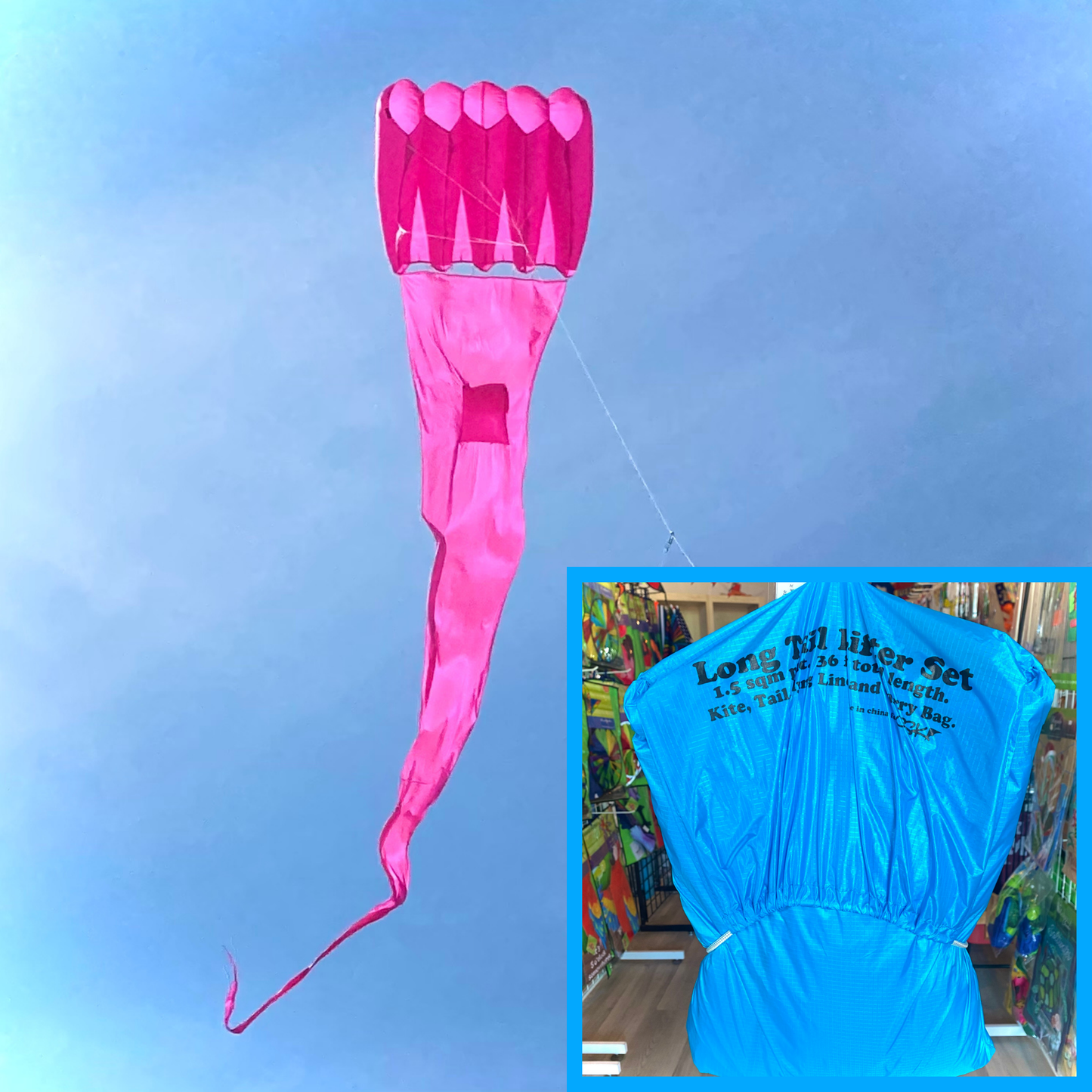 Pink kite with long tail against a blue sky, inset showing blue kite packaging.