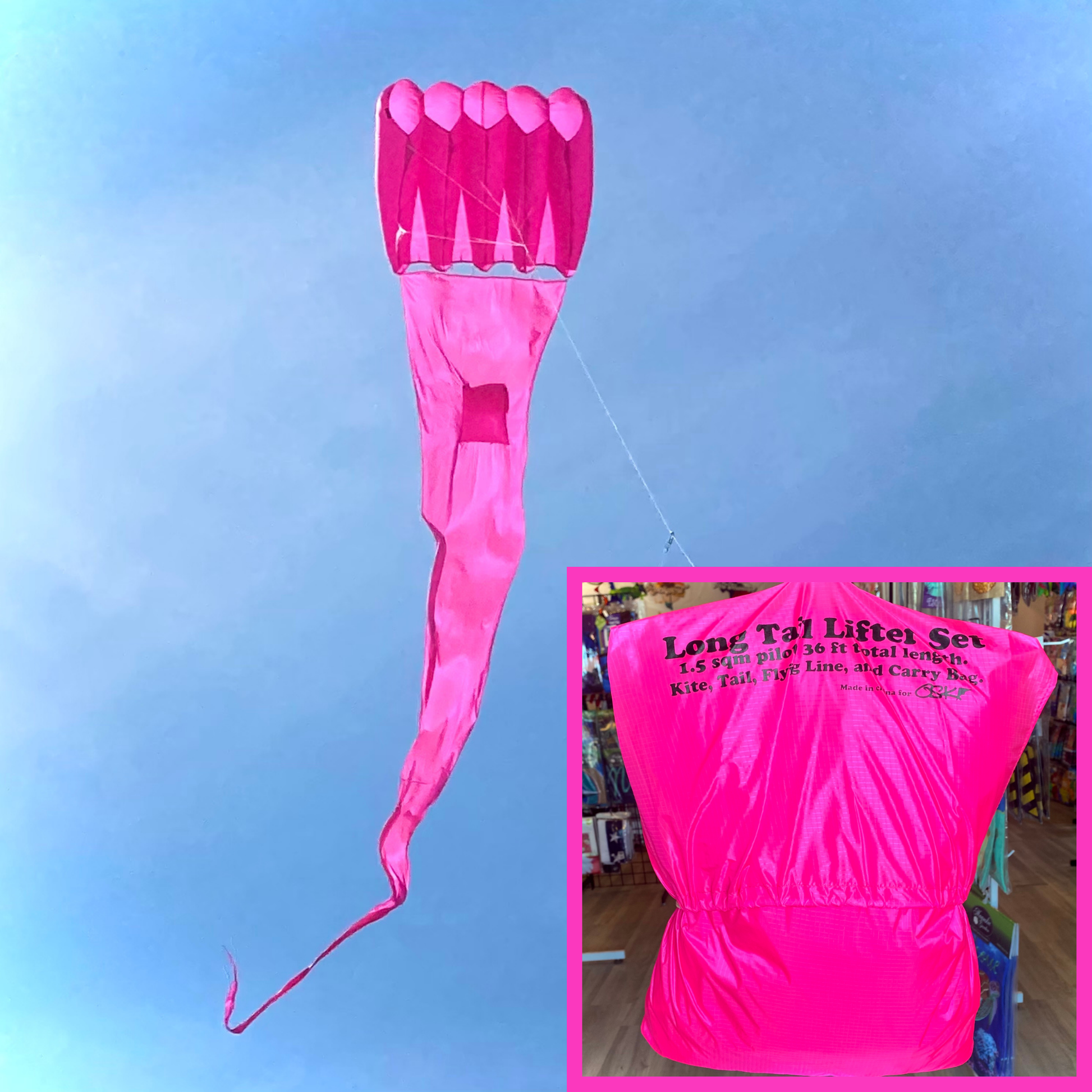 Pink kite with long tail against a blue sky, inset showing kite packaging.