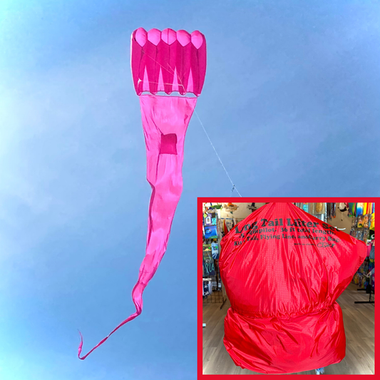Pink kite with long tail against a blue sky, inset showing red kite packaging.