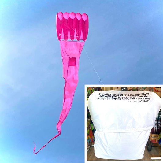 Pink kite with long tail against a blue sky, inset showing a white kite bag.