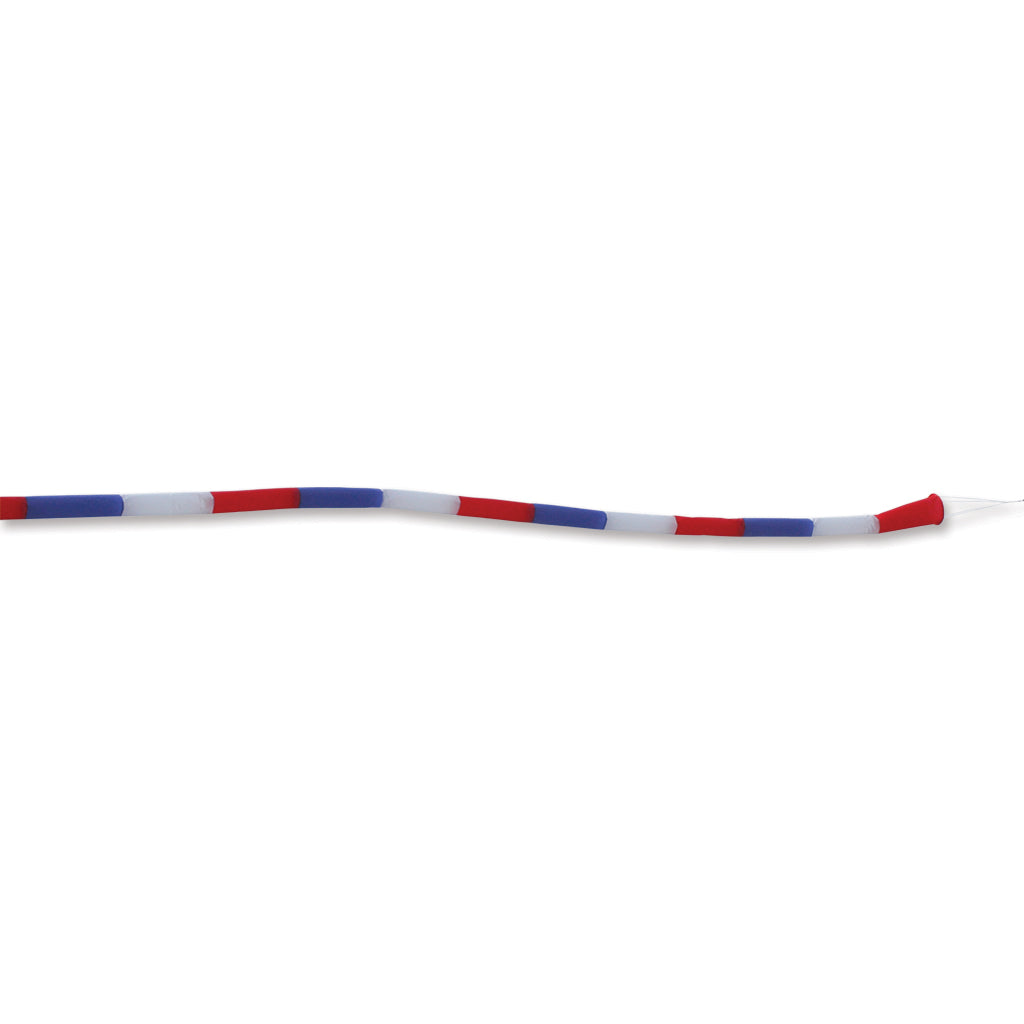 Red, white and blue tubular kite tail on a white background