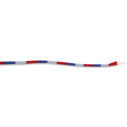Red, white and blue tubular kite tail on a white background