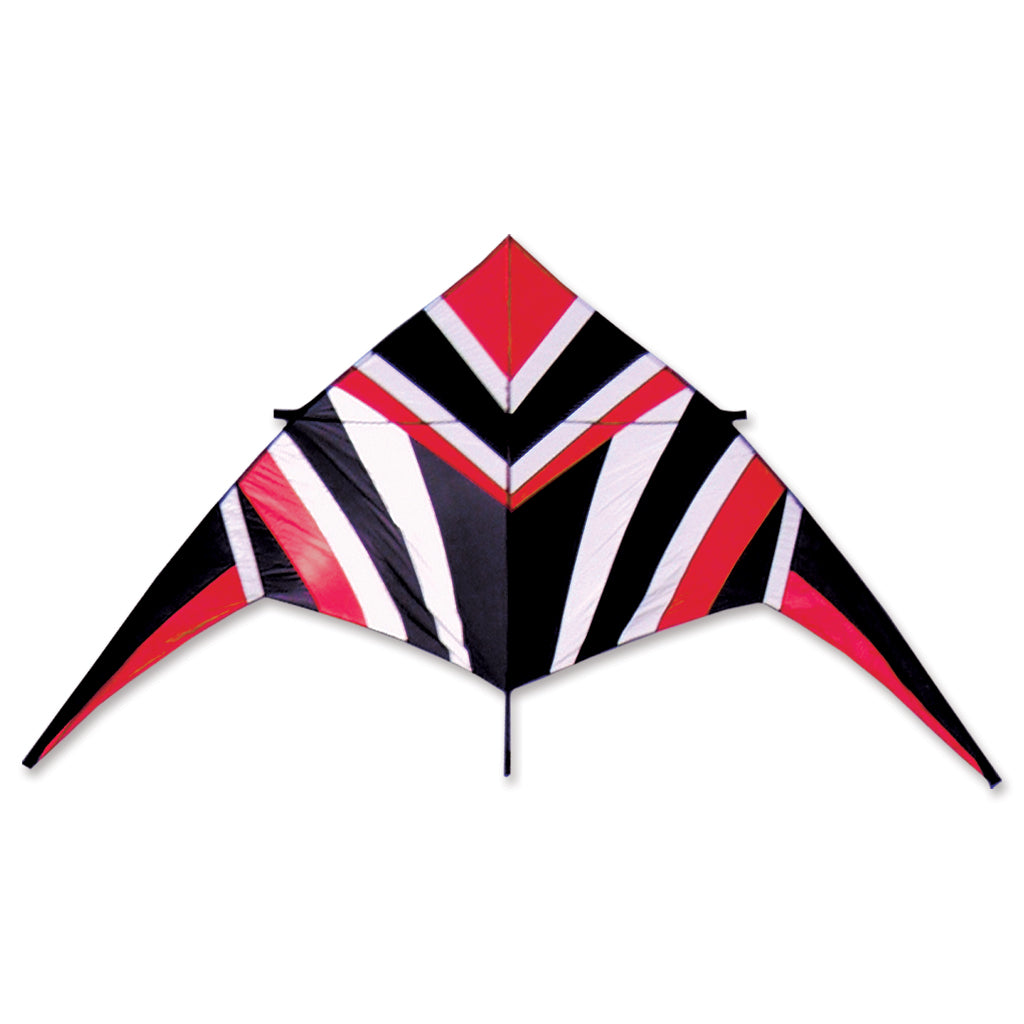 Kite with red, black, and white geometric pattern on a white background