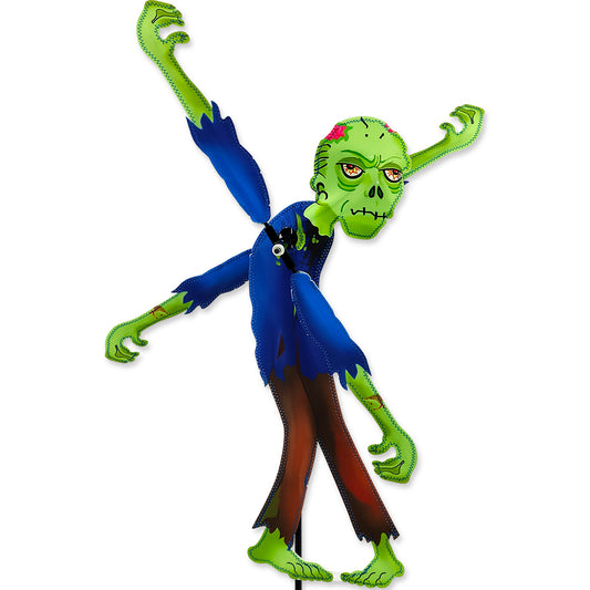 A Halloween yard sign shaped like a zombie, featuring a green head and limbs, a tattered blue shirt, and brown pants, shown against a plain white background.