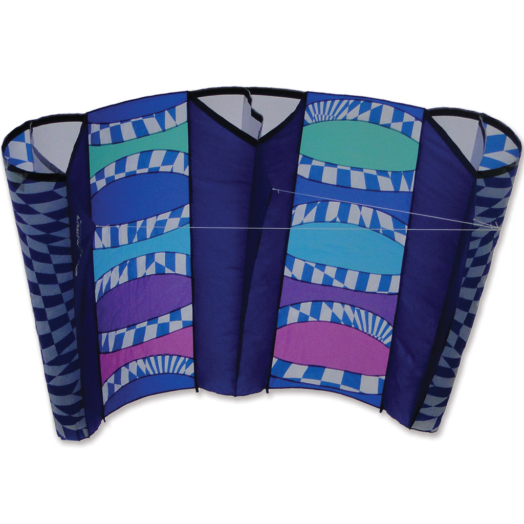 Colorful sled kite with geometric pattern on a white background