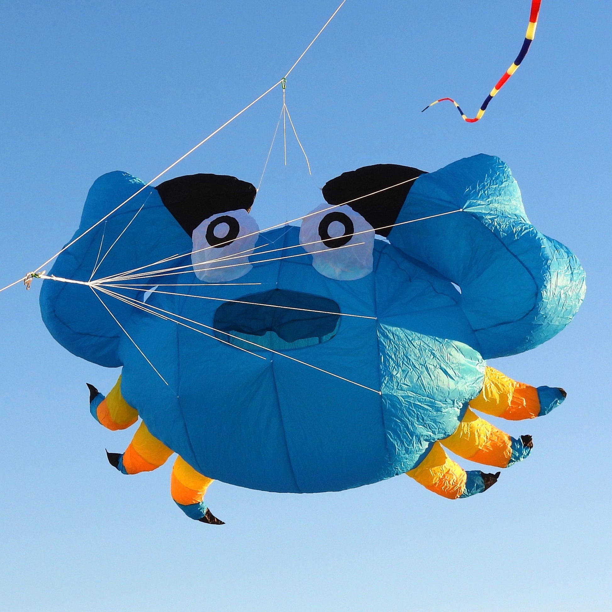 Blue kite shaped like a crab against a clear blue sky