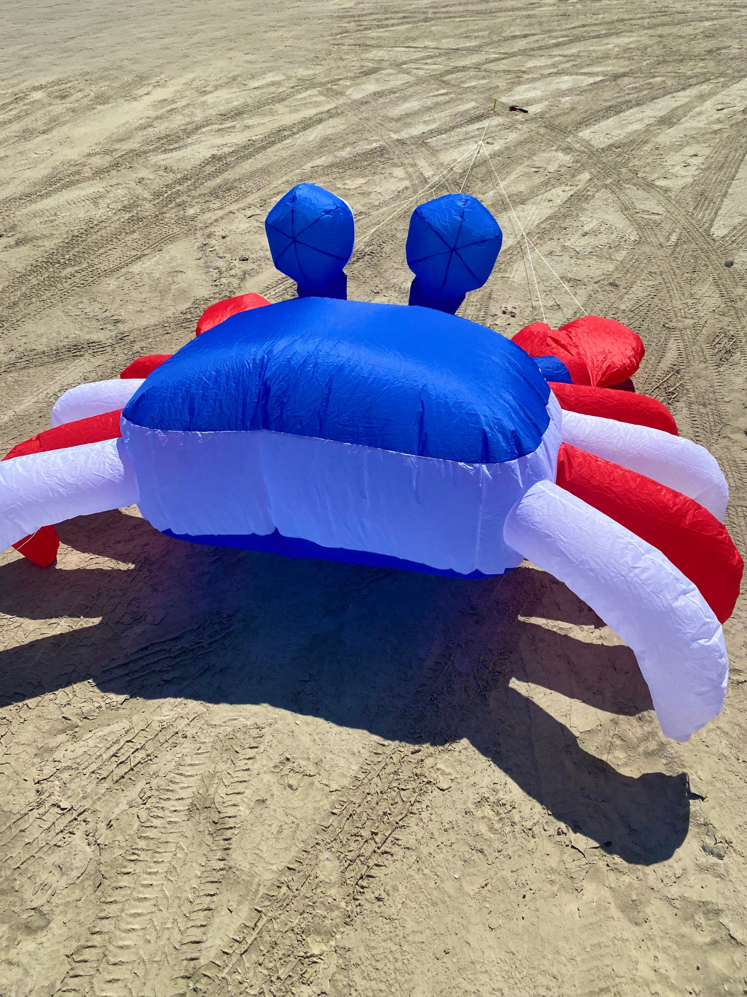 Inflatable crab kite on a sandy surface