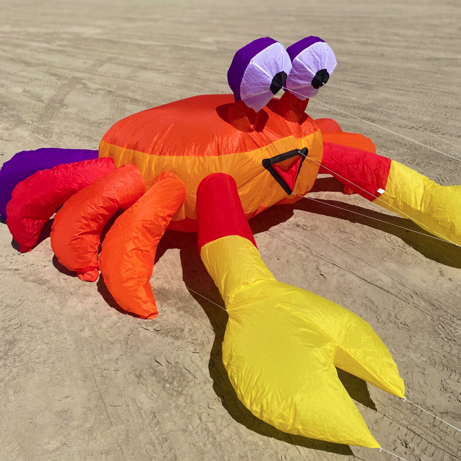 Colorful inflatable crab kite on a sandy beach