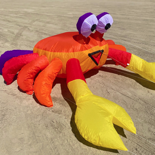 Colorful inflatable crab kite on a sandy beach