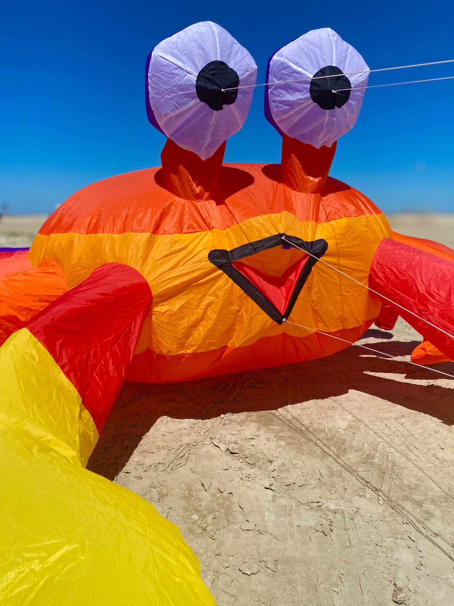 Colorful kite shaped like a crab on a sandy ground with a clear blue sky.
