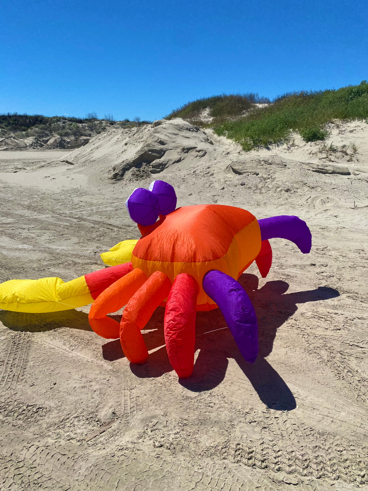 Colorful inflatable crab kite on a sandy beach with a clear blue sky.