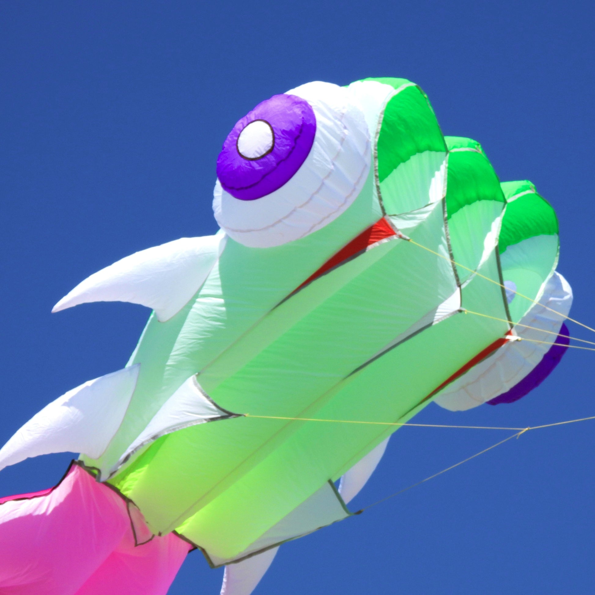 Colorful kite shaped like a fish against a clear blue sky