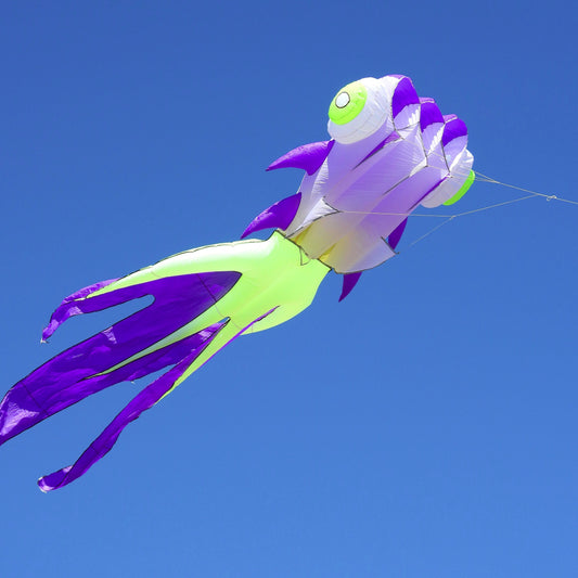 Colorful kite shaped like a fish against a clear blue sky