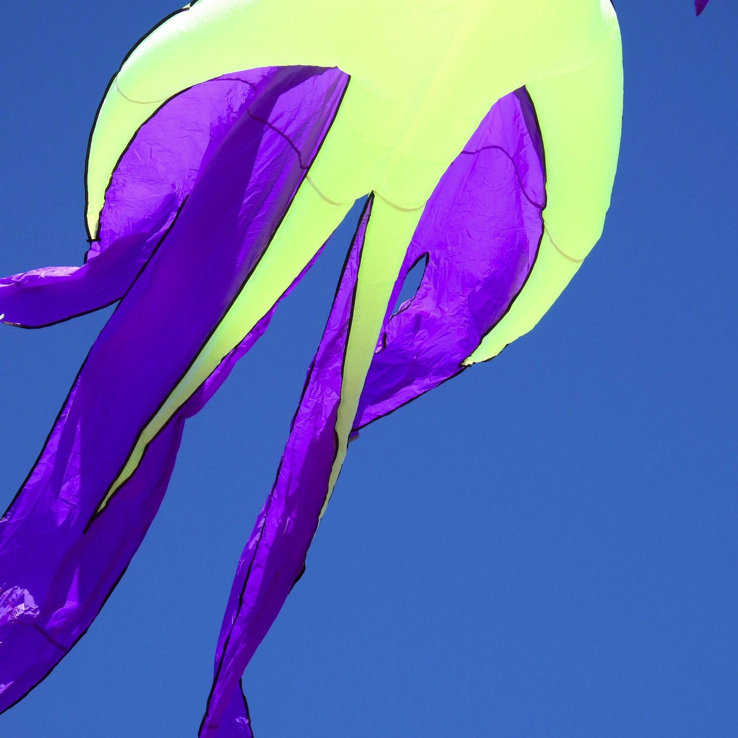 Kite with purple tails against a clear blue sky