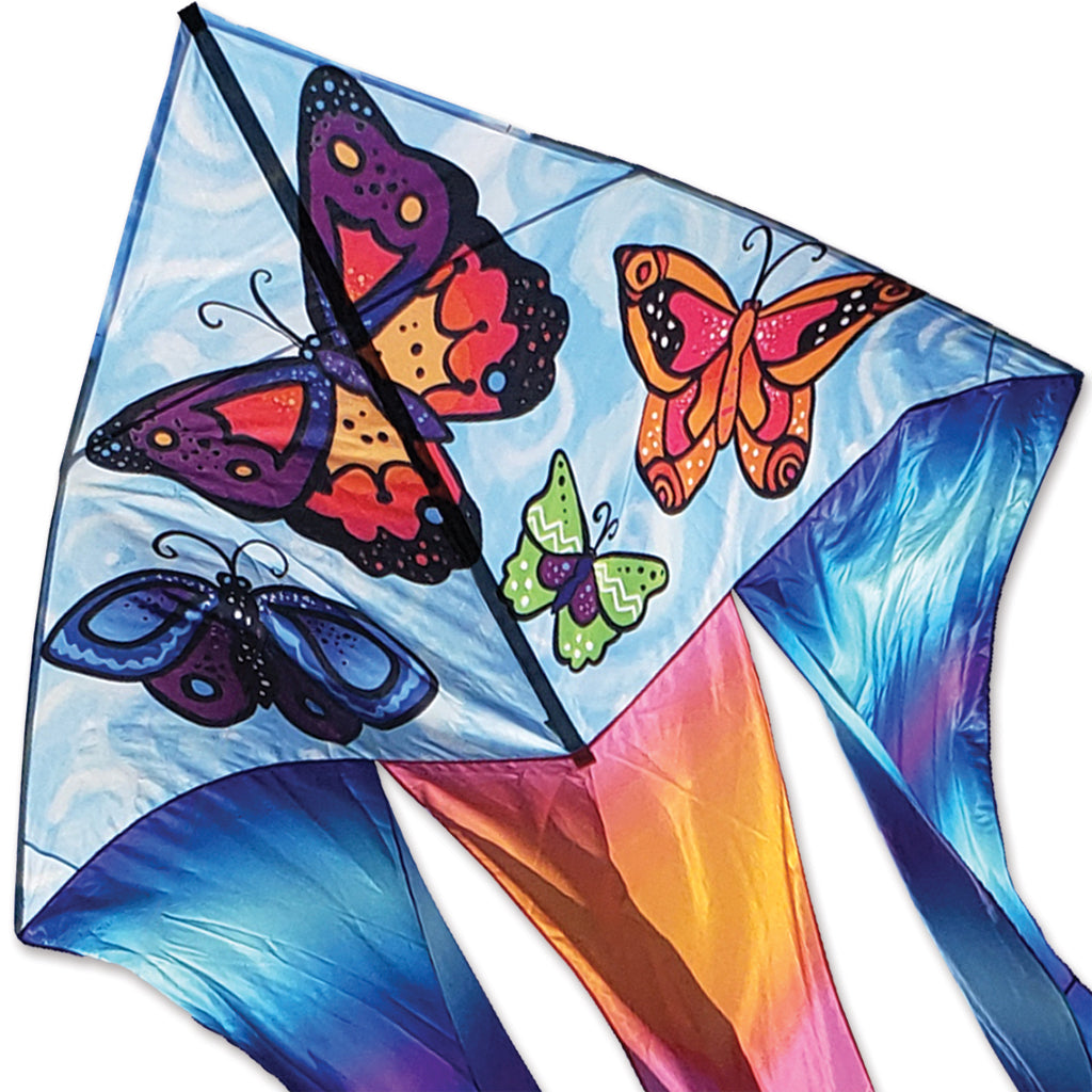 Colorful kite with butterfly designs on a blue background
