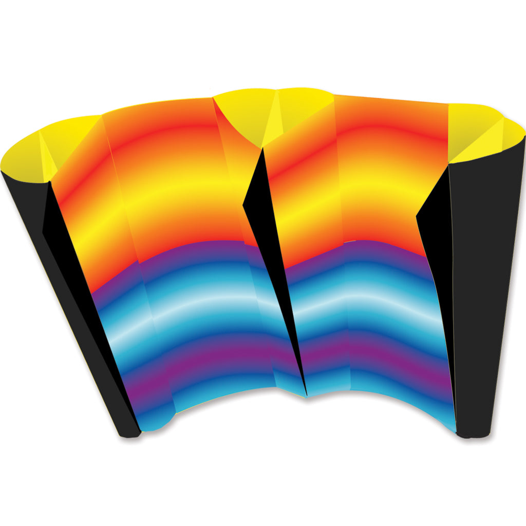 Colorful kite with a gradient of yellow, orange, red, blue, and purple on a white background