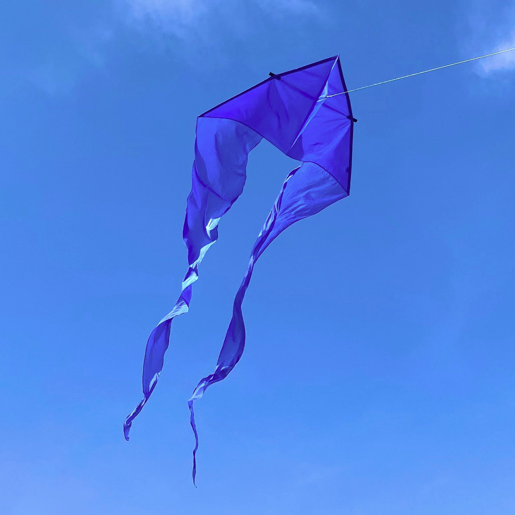 Blue kite with long tail flying against a clear blue sky