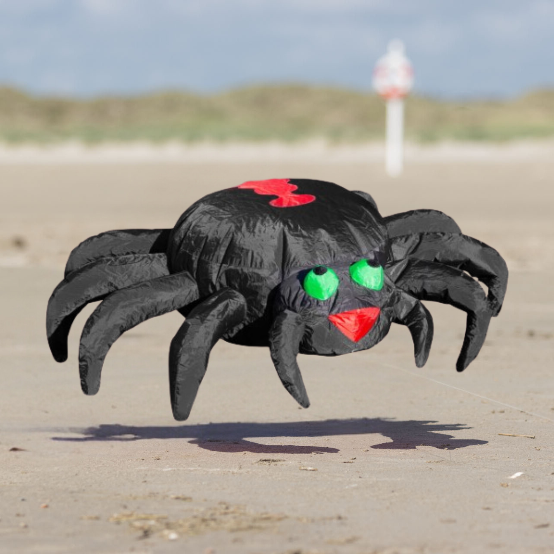 A large inflatable black spider with red and green details on a beach, with a drawstring bag for storage.