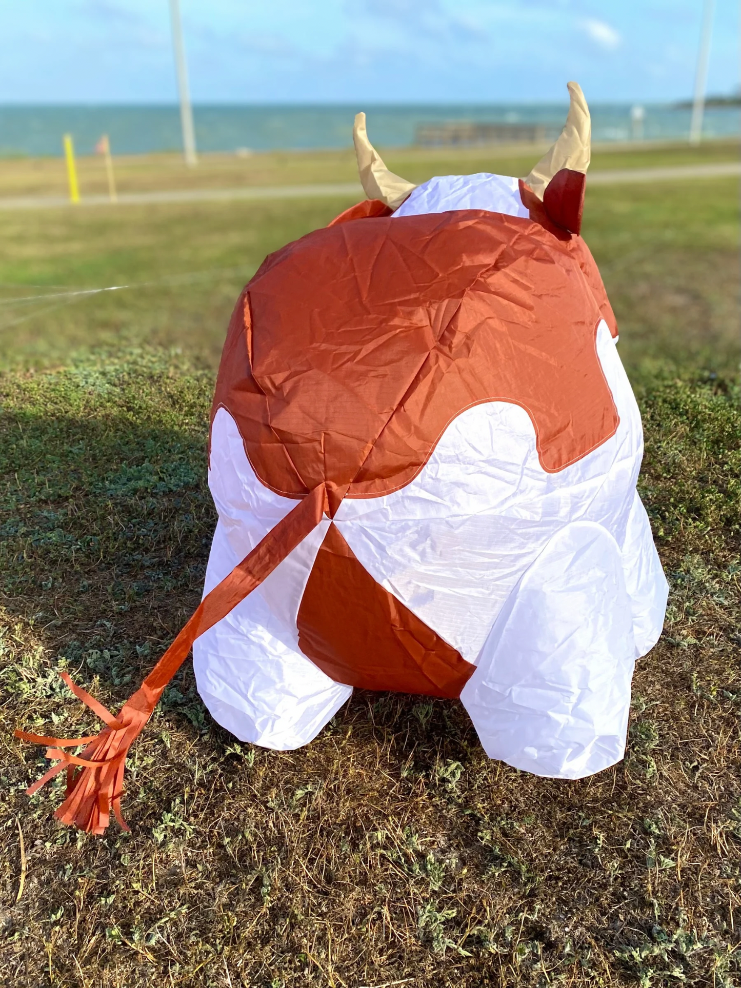 Inflatable bull on grass with a field and sky in the background