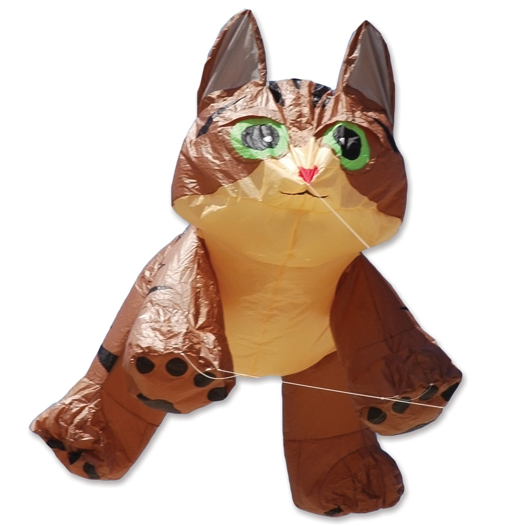 An inflatable cat-shaped kite with a brown and tan body, green eyes, and a small red nose, shown against a plain white background.