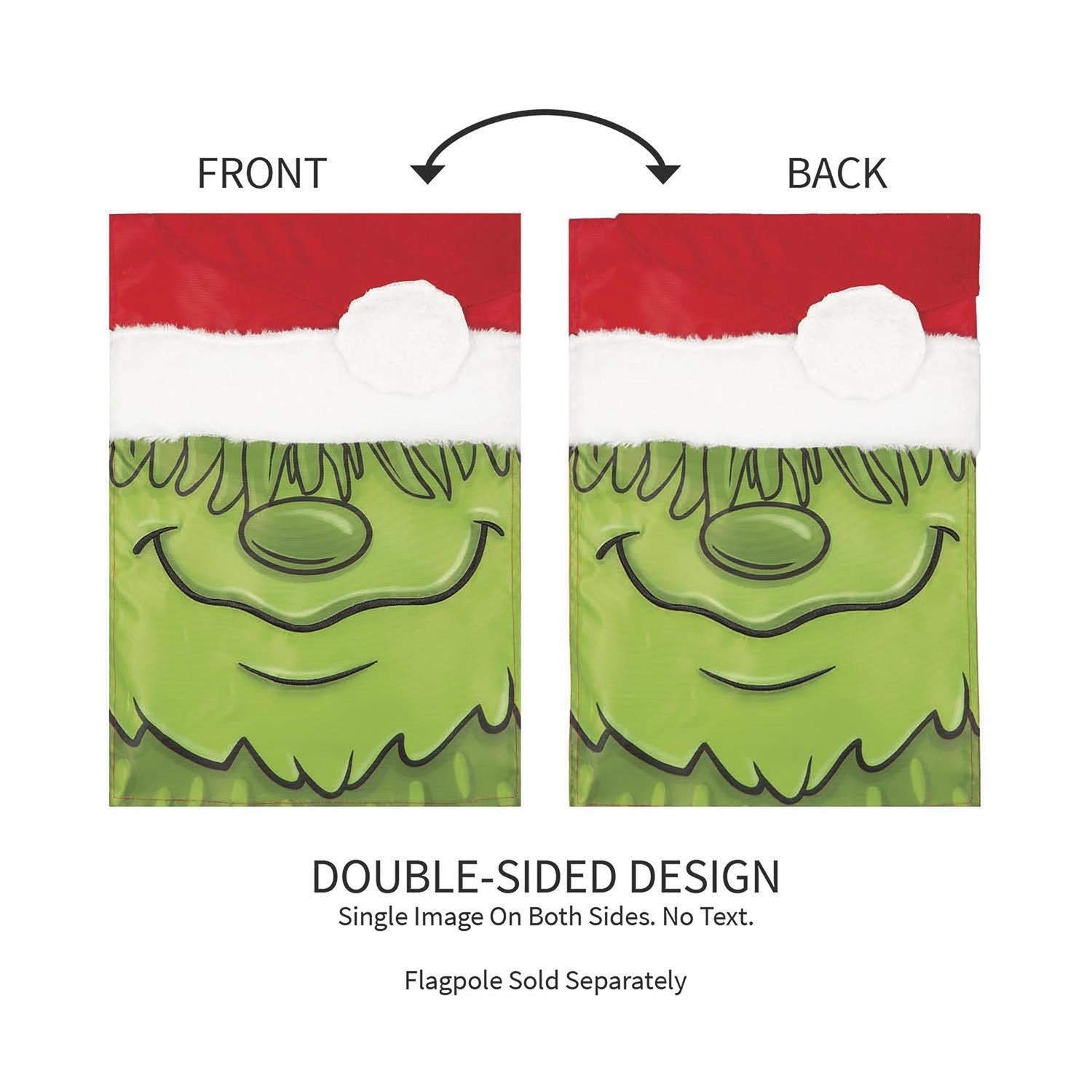 Double-sided flag design with Grinch face on a white background