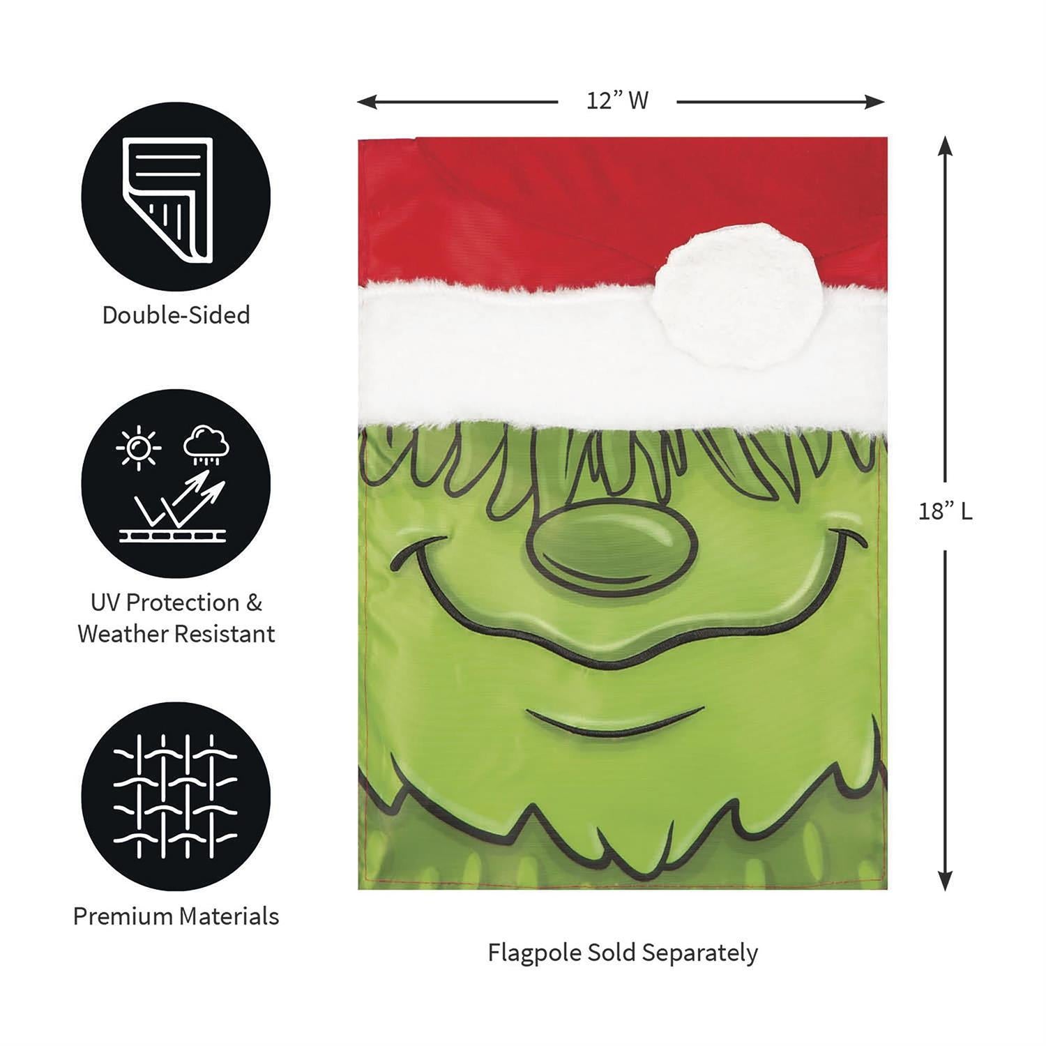 Grinch face flag with dimensions and features on a white background