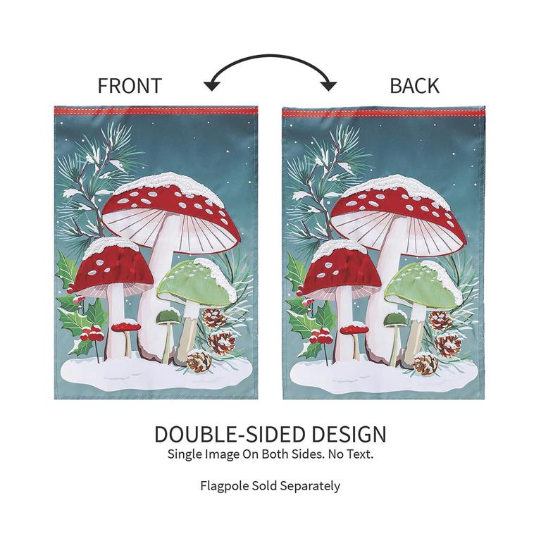 Double-sided design of mushrooms and foliage on a flag with text indicating a single image on both sides.