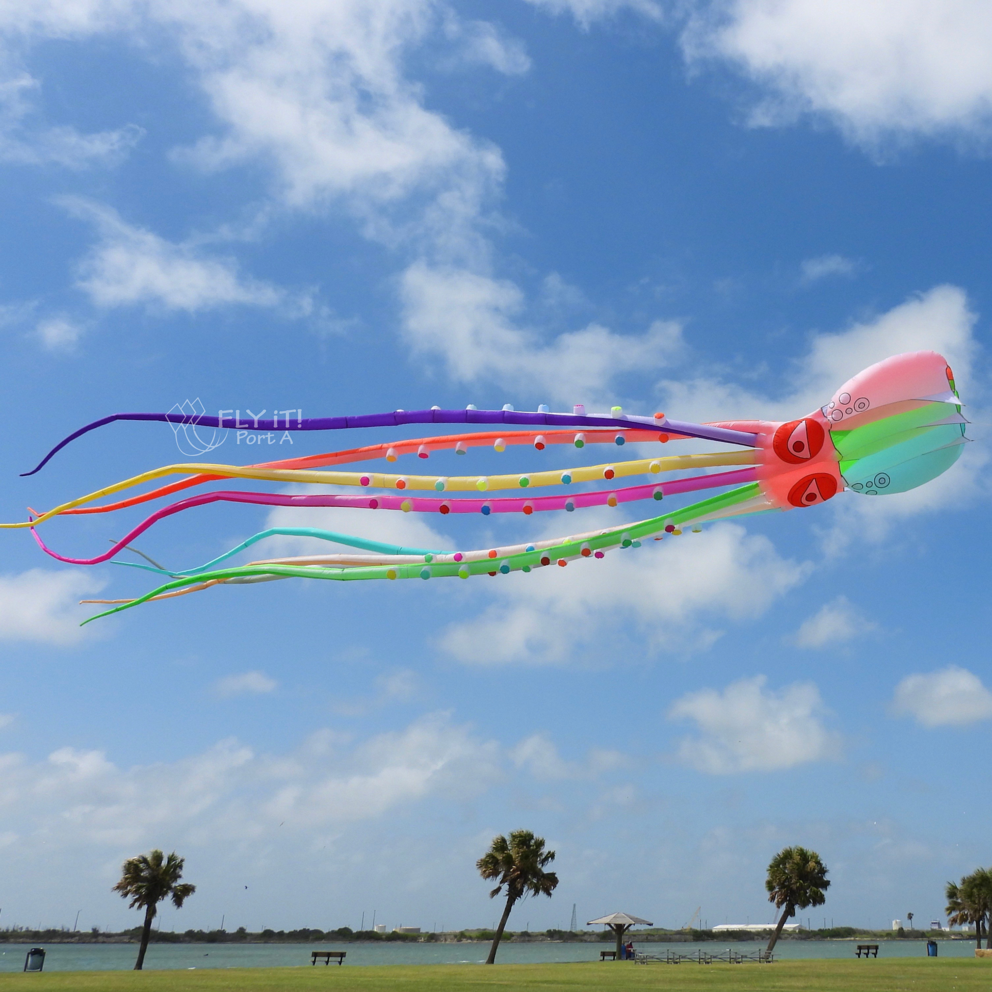 Colorful octopus-shaped kite flying against a blue sky with palm trees in the background.
