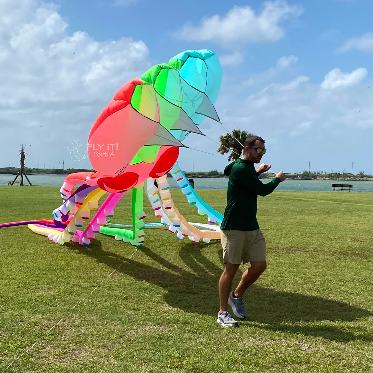 Man holding a large, colorful kite on a grassy field with a body of water and sky in the background.