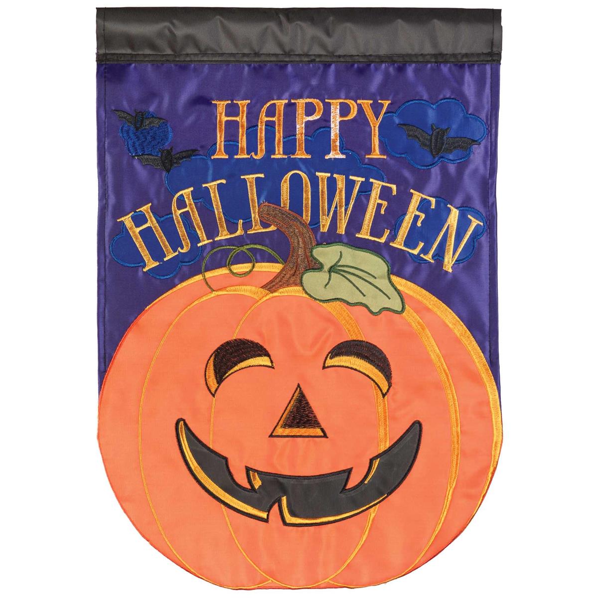A Halloween garden flag featuring a large orange jack-o'-lantern with a carved face on a purple background, with 'Happy Halloween' text and small bat silhouettes.