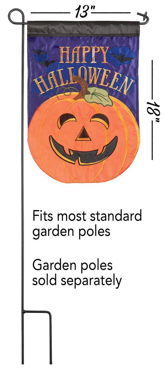 Halloween garden flag with a smiling orange jack-o'-lantern and 'Happy Halloween' text on a purple background, shown on a garden pole with size annotations of 13 inches wide by 18 inches tall.