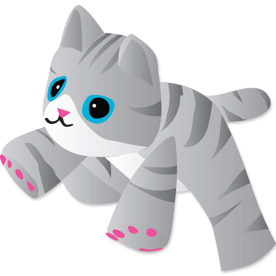 A drawing of a gray tabby kitten line laundry with bright blue eyes, pink nose, and pink paw pads, shown on a plain white background.