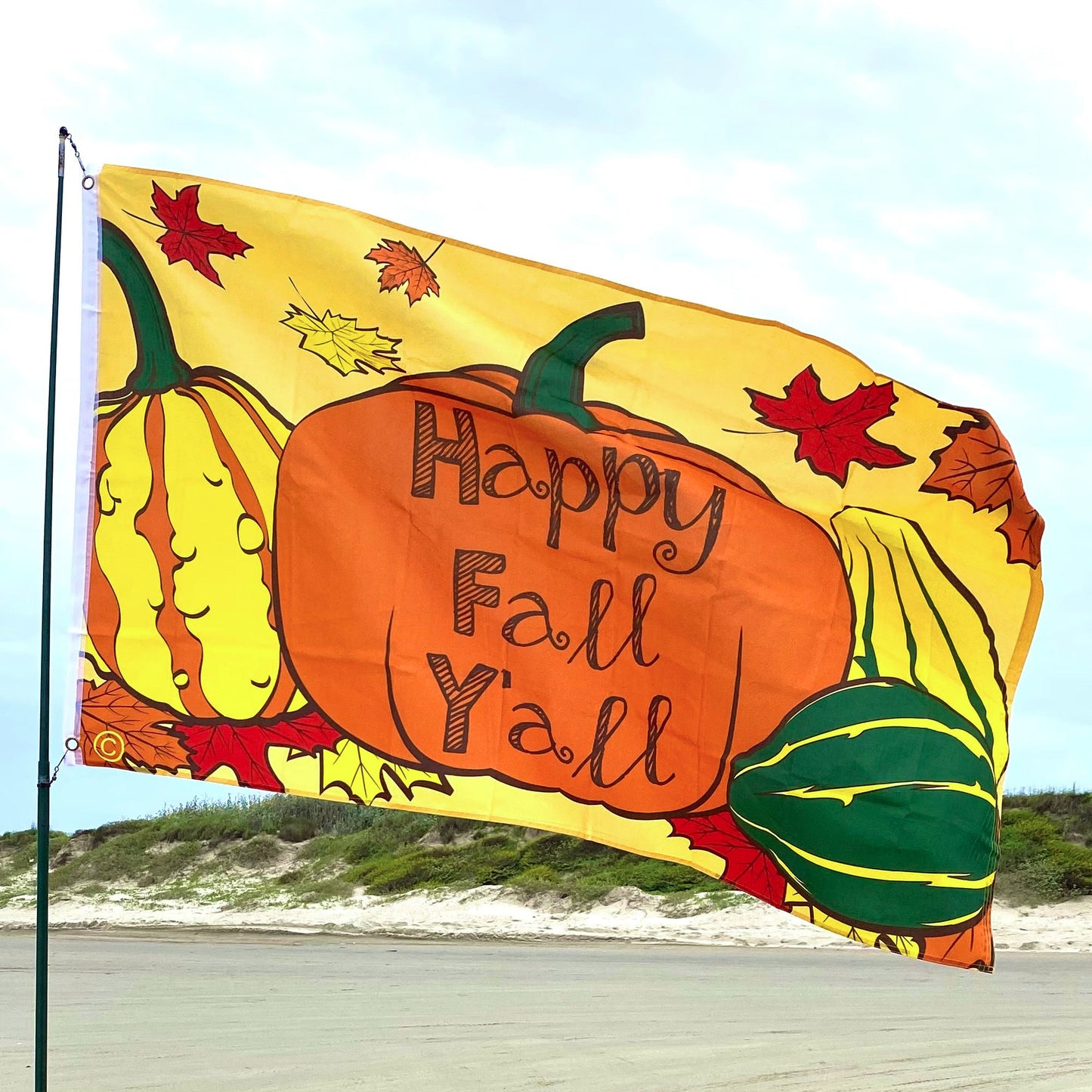 Colorful 'Happy Fall Y'all' flag with pumpkins and leaves on a beach.